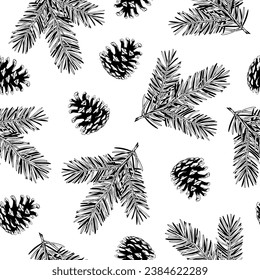 Vector black ink drawing style christmas wrapping paper design or seamless pattern with coniferous branches and pinecones on white background