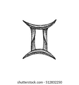 vector black ink hand drawn dotwork tattoo style vintage design Gemini zodiac sign retro illustration isolated white background
