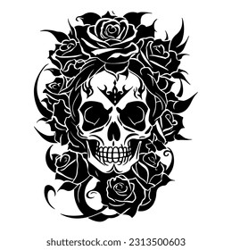 Vector black ink of human skull and roses, silhouette design, isolated tattoo or t-shirt design of skull and flowers on white background.