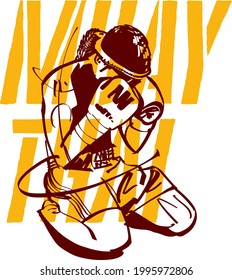 the vector black ink illustration of the Muay Thai fighter