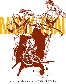 the vector black ink illustration of the Muay Thai fighter