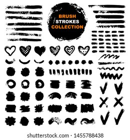 Vector black ink and paint  textures set of strokes,spots,circle frames,drops,stains,hearts and dashes.Grungy hand drawn elements for your design isolated on white background.