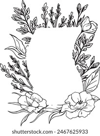 Vector black ink, wave framing, sketch floral frame with flowers and leaves. Template space for text. Greeting cards, invitation, gender party, baby shower, birthday, event, holiday, wedding card.