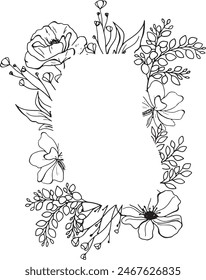 Vector black ink, wave framing, sketch floral frame with wild flowers. Template space for text. Greeting cards, invitation, gender party, baby shower, birthday, event, holiday, wedding card, printable