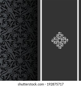 vector black invitation card with design elements such as seamless damask pattern and silver ribbon