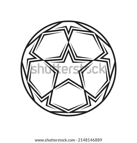 Vector black isolated contour soccer ball icon with five-pointed stars and tips on white background. Football symbol.