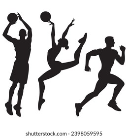 Vektorschwarz einzelne Symbole Silhouetten von Athleten auf weißem Hintergrund. Ein Basketballspieler, der eine Aufnahme macht, ein Gymnast, der eine Routine macht, und ein Läufer im mittleren Streifen. Sportsman-Icon-Sammlung.