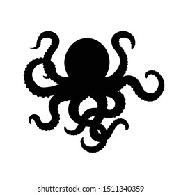 Vector black isolated silhouette of octopus on white background