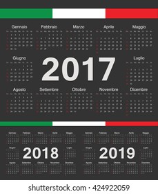 Vector black Italian circle calendars 2017, 2018, 2019. Week starts from Sunday.