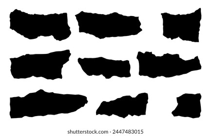 Formas abstractas de papel dentado negro de Vector establecidas aisladas en blanco. Bordes rasgados ásperos colección pegatina pieza, tira triturada, borde grunge, Formas de cuadro de texto.