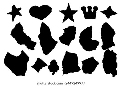 Vektorgrafik Schwarz Zackenpapier abstrakte Formen auf Weiß gesetzt. Grobe zerrissene Rand Frames Kollektion Aufkleber Stück, Schredder Streifen, Grunge Rand, Textfeld Formen.