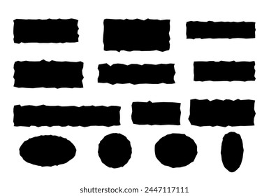 Vector black jagged paper rectangle and rounded shapes set isolated on white. Rough torn edge frames collection sticker piece, shred strip, grunge border, text box shapes.