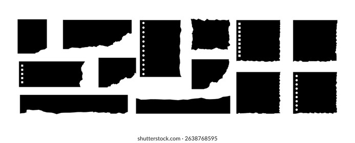 Vector black jagged paper rectangle shapes set isolated on white. Rough torn edge frames collection sticker piece, shred strip, grunge border, text box shapes