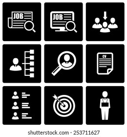 Vector black job search icon set on black background.