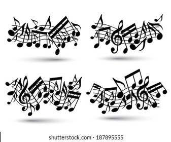 Vector black jolly wavy staves with musical notes on white background, decorative set of musical notation symbols.