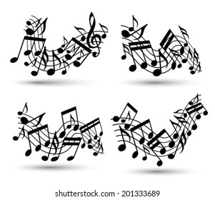 Vector black jolly wavy staves with musical notes on white background, decorative set of musical notation symbols.