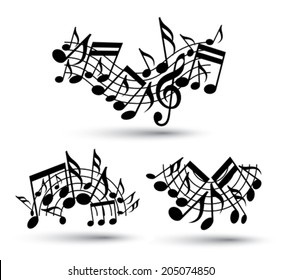 Vector black jolly wavy staves with musical notes on white background, decorative major arched set of musical notation symbols.