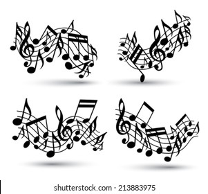 Vector black jolly wavy staves with musical notes on white background, decorative set of musical notation symbols.