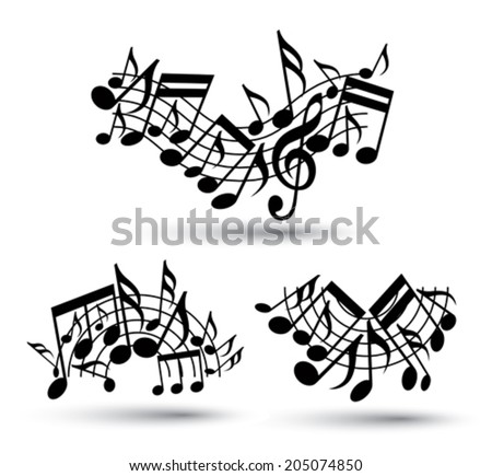 Vector black jolly wavy staves with musical notes on white background, decorative major arched set of musical notation symbols.