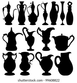 Vector of black jugs collection on white background
