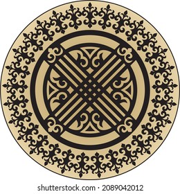 Vector black Kazakh round ornament on a gold background. The circle of ancestors of the nomadic peoples of the Great Steppe. Shanyrak, yurt decoration
