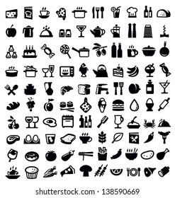 vector black kitchen and food icon set on white