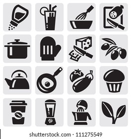 vector black kitchen icons set on gray