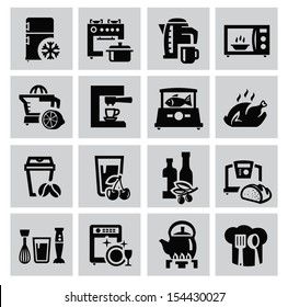 vector black kitchen icons set on gray