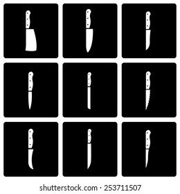 Vector black kitchen knife icon set.