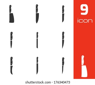 Vector black kitchen knife icons set on white background