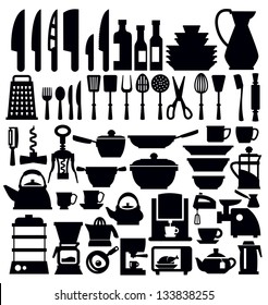 vector black kitchen tool icons set on white