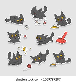 Vector black kittens stickers. Small cat different emotions and situations. Kitty play with ball walking in nature hunting for mouse and run away from broom. Set embossed cartoon illustrations