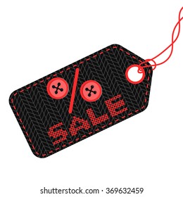Vector black knitted pricetag with fabric imitation with percent, buttons and word SALE embroidered cross on thread