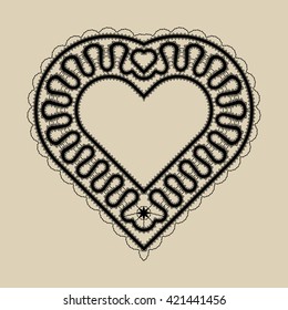 Vector black lace heart on beige background. Element for banners, greeting cards, wedding invitation, identity. Bobbin lace in Russian or Italian style.