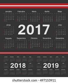 Vector black Latvian circle calendars 2017, 2018, 2019. Week starts from Sunday.