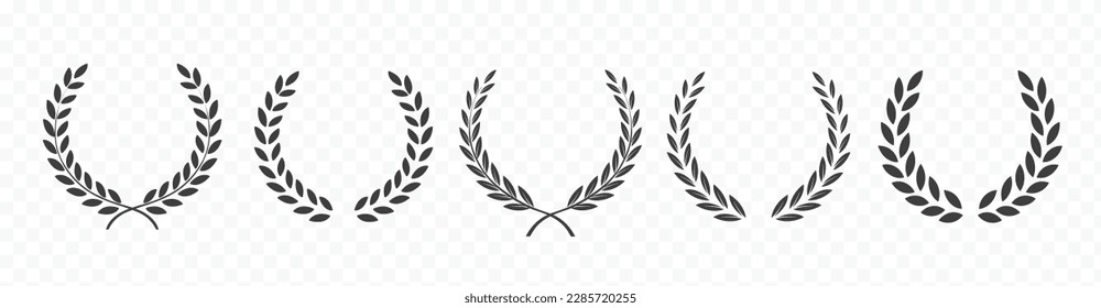 Vector black laurels set. Circular foliate laurels branches. Laurel wreath silhouette. Trophy crest. Greek olive branch award, winner round emblem