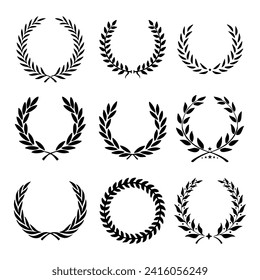 Vector black laurels set. Circular foliate laurels branches. Laurel wreath silhouette. Trophy crest. Greek olive branch award, winner round emblem