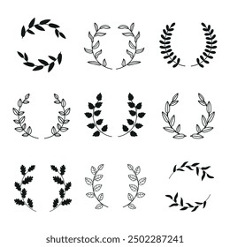 Vector black laurels set. Circular foliate laurels branches. Laurel wreath silhouette. Trophy crest. Greek olive branch award, winner round emblem