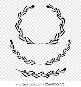 Vector black laurels set. Circular foliate laurels branches. Laurel wreath silhouette. Trophy crest. Greek olive branch award, winner round emblem