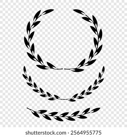 Vector black laurels set. Circular foliate laurels branches. Laurel wreath silhouette. Trophy crest. Greek olive branch award, winner round emblem