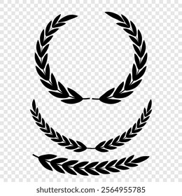 Vector black laurels set. Circular foliate laurels branches. Laurel wreath silhouette. Trophy crest. Greek olive branch award, winner round emblem