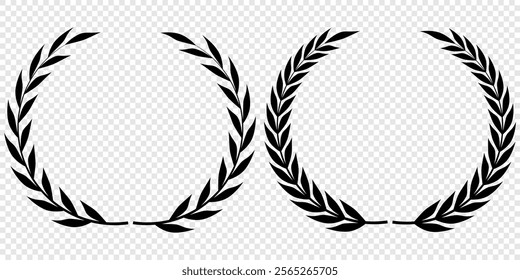 Vector black laurels set. Circular foliate laurels branches. Laurel wreath silhouette. Trophy crest. Greek olive branch award, winner round emblem