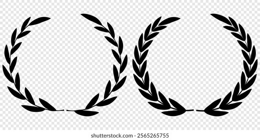 Vector black laurels set. Circular foliate laurels branches. Laurel wreath silhouette. Trophy crest. Greek olive branch award, winner round emblem