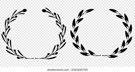 Vector black laurels set. Circular foliate laurels branches. Laurel wreath silhouette. Trophy crest. Greek olive branch award, winner round emblem