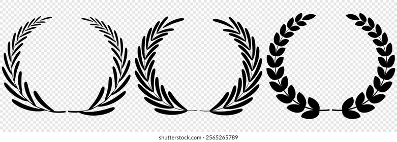 Vector black laurels set. Circular foliate laurels branches. Laurel wreath silhouette. Trophy crest. Greek olive branch award, winner round emblem