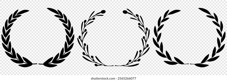 Vector black laurels set. Circular foliate laurels branches. Laurel wreath silhouette. Trophy crest. Greek olive branch award, winner round emblem