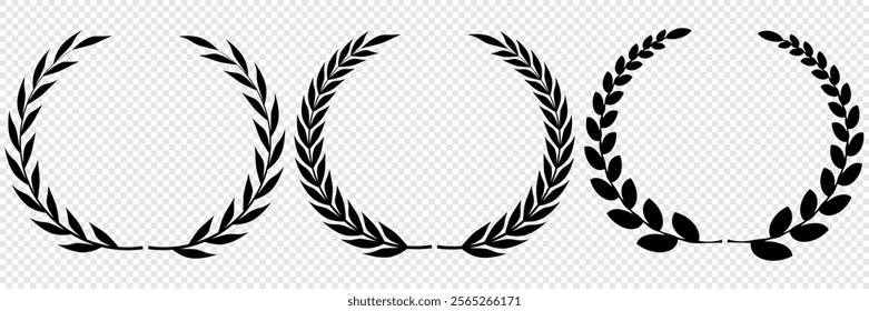 Vector black laurels set. Circular foliate laurels branches. Laurel wreath silhouette. Trophy crest. Greek olive branch award, winner round emblem