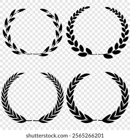 Vector black laurels set. Circular foliate laurels branches. Laurel wreath silhouette. Trophy crest. Greek olive branch award, winner round emblem