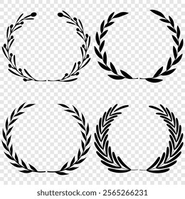 Vector black laurels set. Circular foliate laurels branches. Laurel wreath silhouette. Trophy crest. Greek olive branch award, winner round emblem