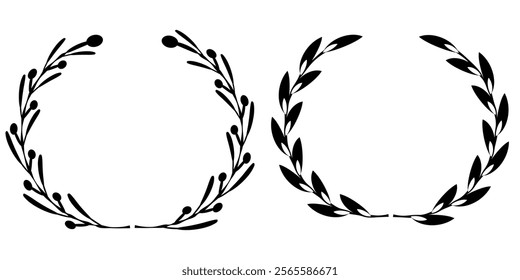 Vector black laurels set. Circular foliate laurels branches. Laurel wreath silhouette. Trophy crest. Greek olive branch award, winner round emblem